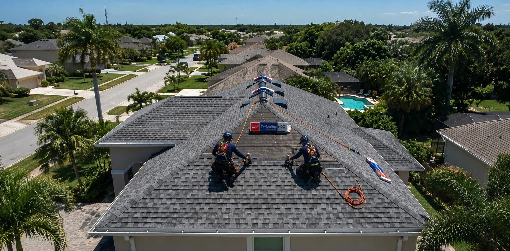 Roofers installing new asphalt shingles on a residential home