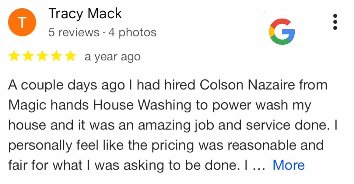 Screenshot of a Google review written by Tracy Mack, five stars, about hiring Colson Nazaire from Magic Hands House Washing for power washing a house.