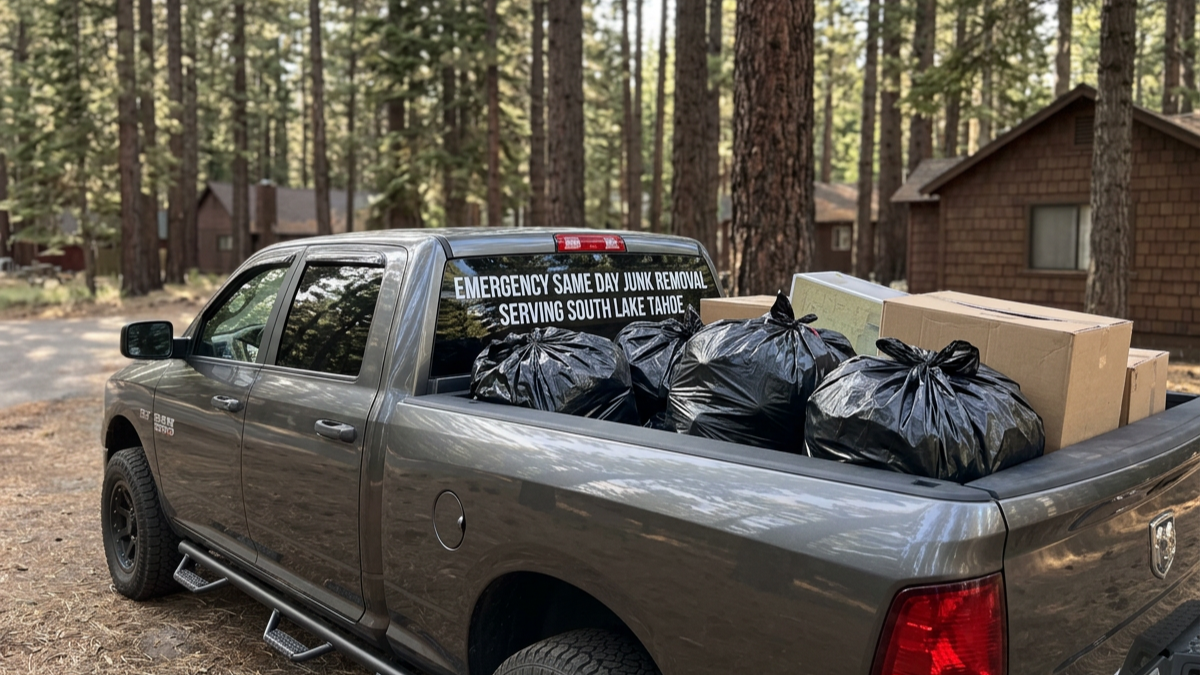 Gray pickup truck loaded with black trash bags and cardboard boxes, parked in a wooded area with trees and cabins.