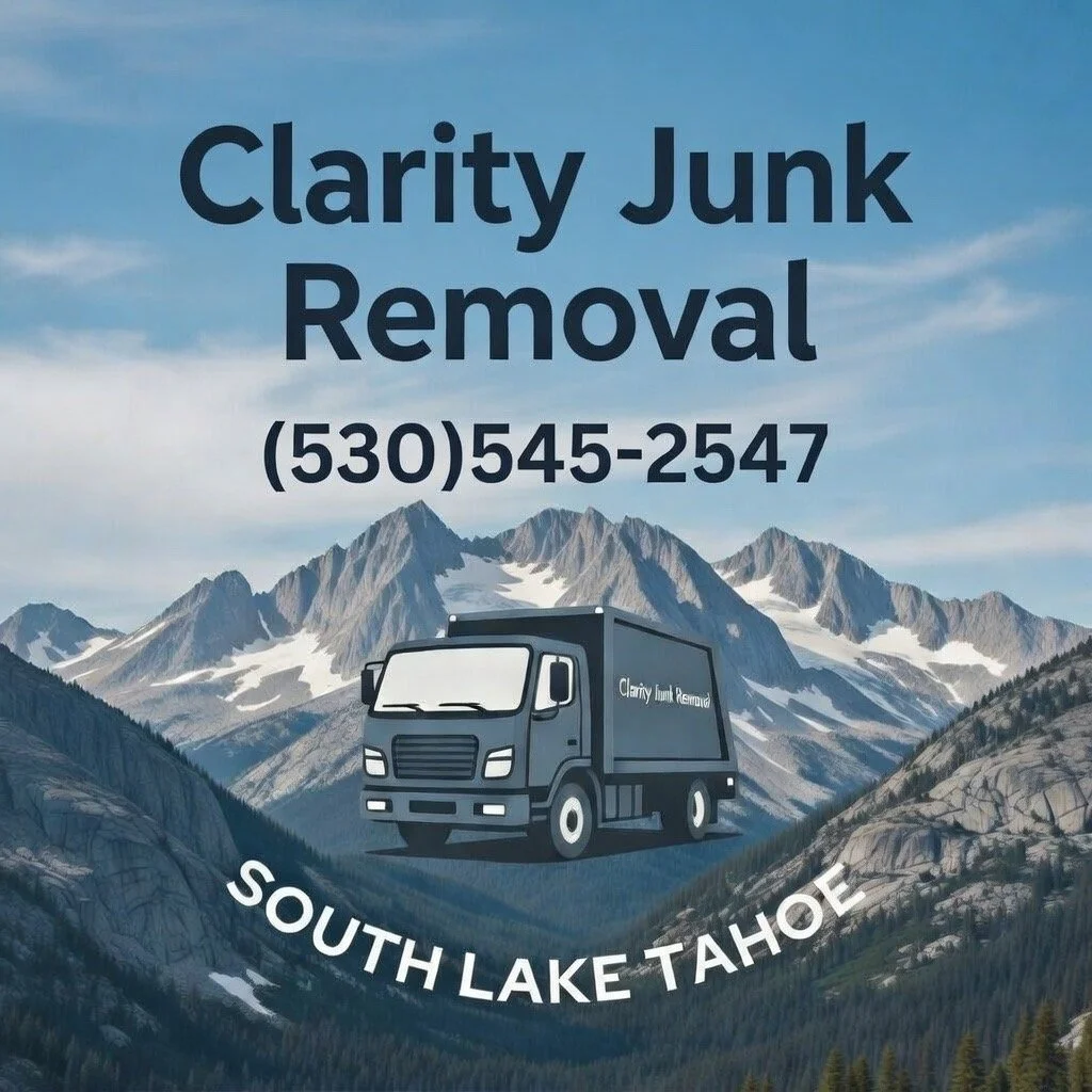 Business card for Clarity Junk Removal featuring mountains, a truck with the company name, and the text South Lake Tahoe with a phone number.