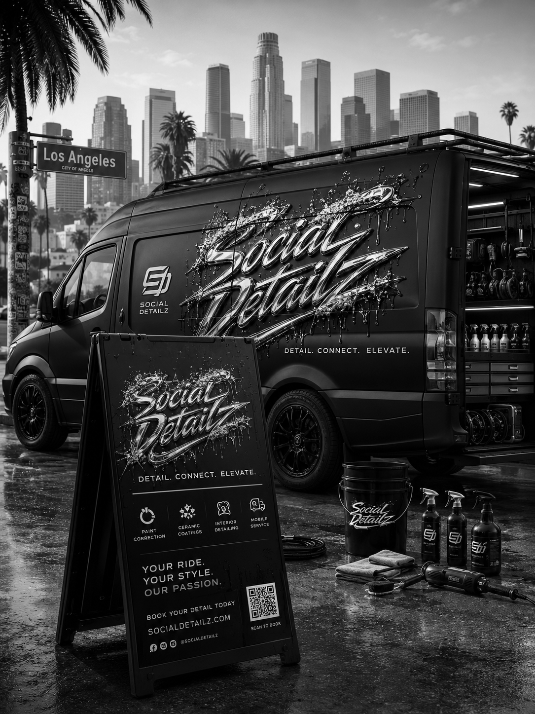 A black van with distinctive Cadillac wheels and large Social Detailz logos, parked on a wet street in Los Angeles with skyscrapers in the background. There are signage and equipment related to car detailing visible, including an A-frame sign, bottles, towels, and cleaning tools, on a day with cloudy skies.