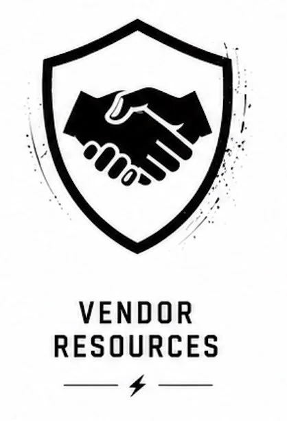 A shield emblem with a handshake inside, the words "Vendor Resources" beneath, and a lightning bolt symbol at the bottom.