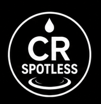 Logo for CR Spotless featuring a water droplet, the words 'CR Spotless,' and a water ripple design.