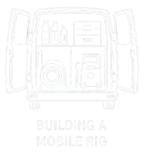Outline illustration of a van with its rear doors open, showing shelves with bottles, a speaker, a small cabinet, and various equipment, with the caption "Building a Mobile Rig".