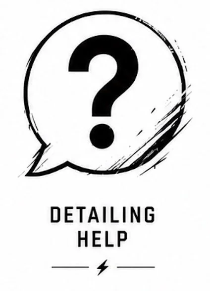 Speech bubble with a question mark, with the text 'Detailing Help' and a lightning bolt symbol underneath.