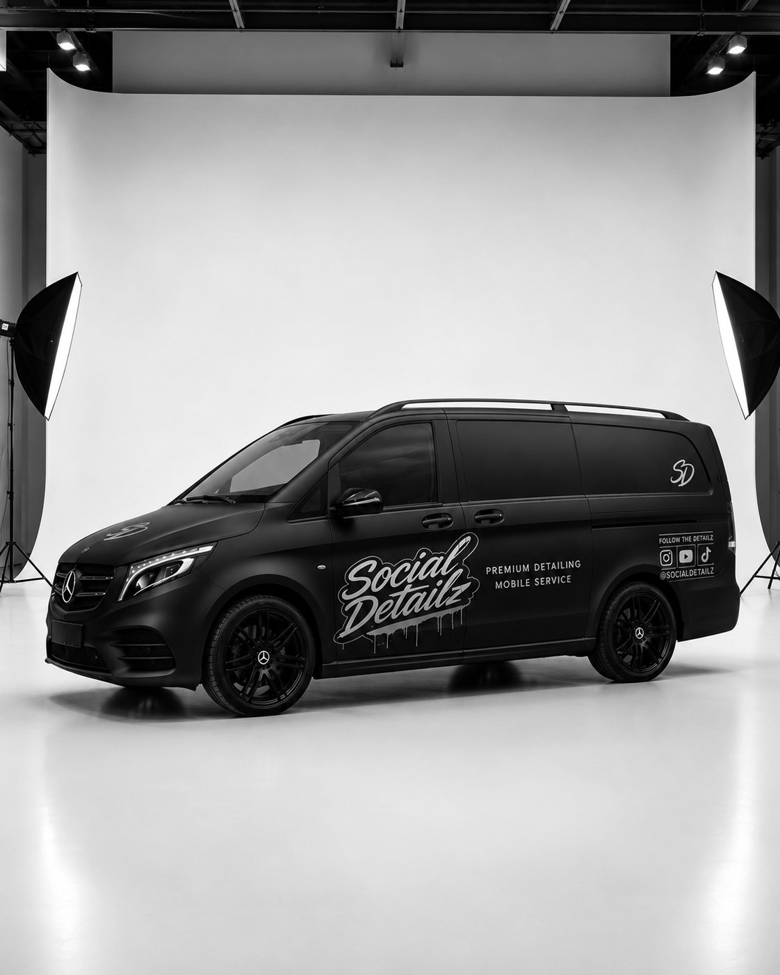 Black commercial van with social detailing branding in a photography studio with white backdrop and professional lighting