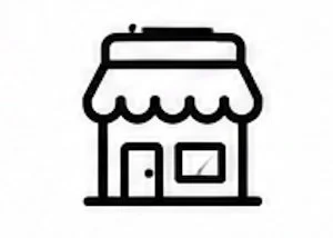 Simple black and white line drawing of a storefront with a striped awning, door, and window.
