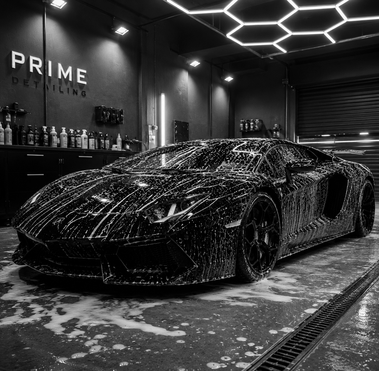 A black sports car covered in soap suds during a car wash at an auto detailing center, with bottles of car cleaning products on shelves in the background and a geometric light fixture on the ceiling.