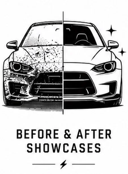 Split image showing a damaged front of a crashed car on the left and a pristine car on the right with the text 'Before & After Showcases' below.