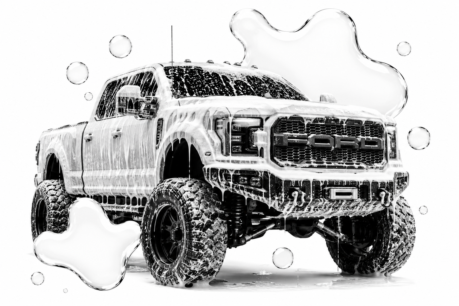 Black and white photo of a Ford off-road truck covered in soap suds with bubbles around it.