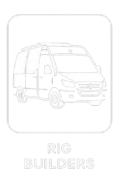 Illustration of a delivery van with the words "RIG BUILDERS" below it.