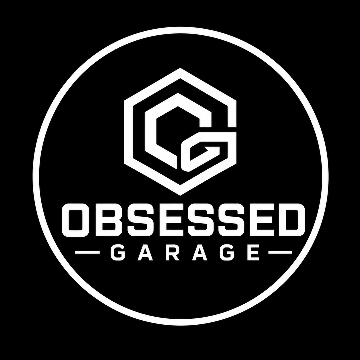 Black and white logo for Obsessed Garage featuring a stylized hexagon with a G in the center and bold text.