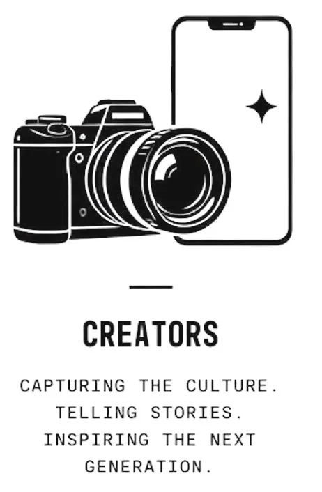 Illustration of a camera and a smartphone with the word 'Creators'; text says 'Capturing the culture, telling stories, inspiring the next generation.'