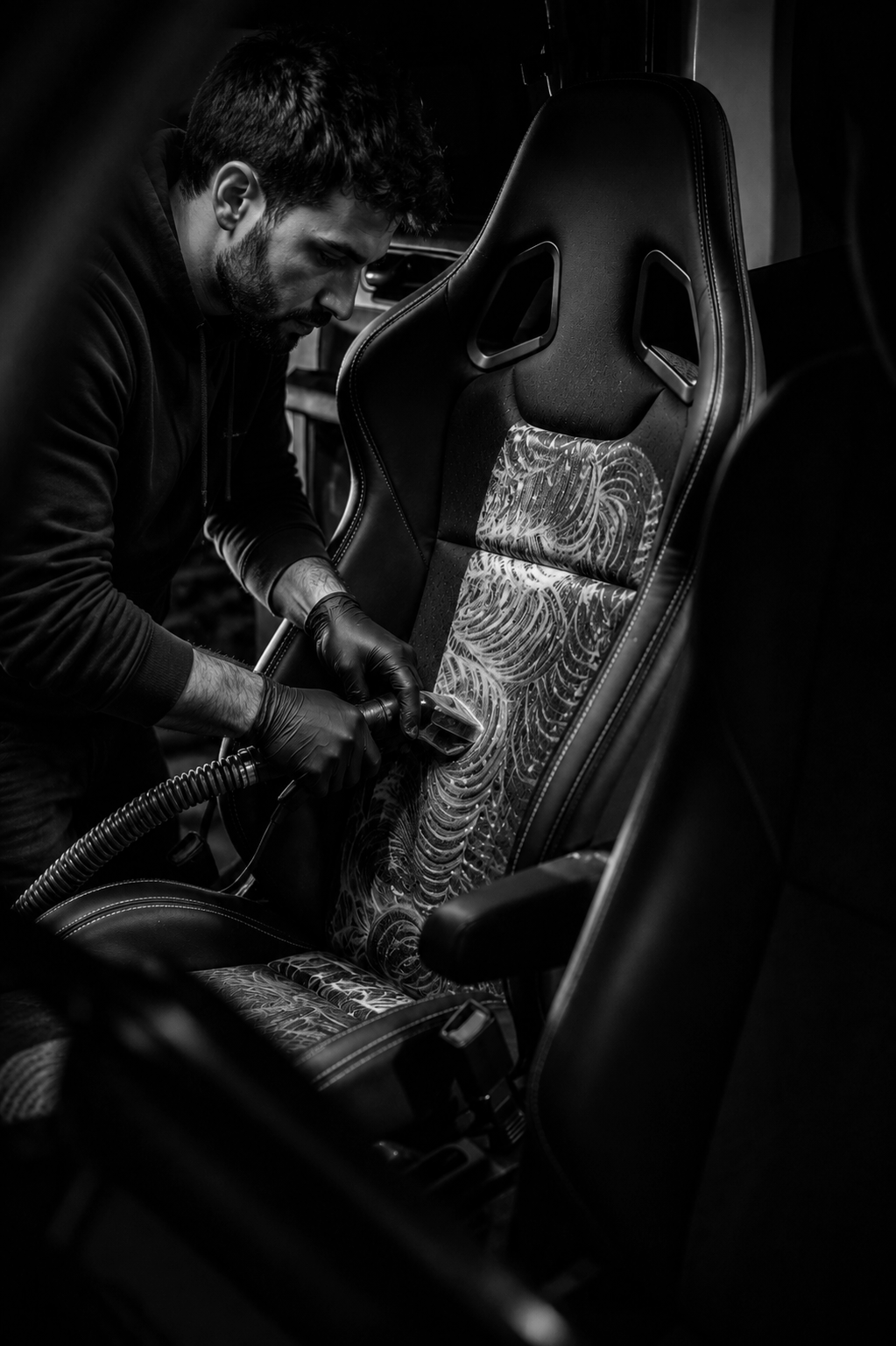 Man wearing black gloves cleaning a patterned seat in a vehicle with a handheld cleaning device.