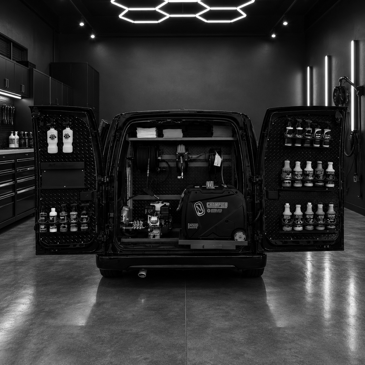 Black vehicle with open rear doors revealing cleaning supplies and equipment inside, parked in a garage with dark walls and modern lighting.
