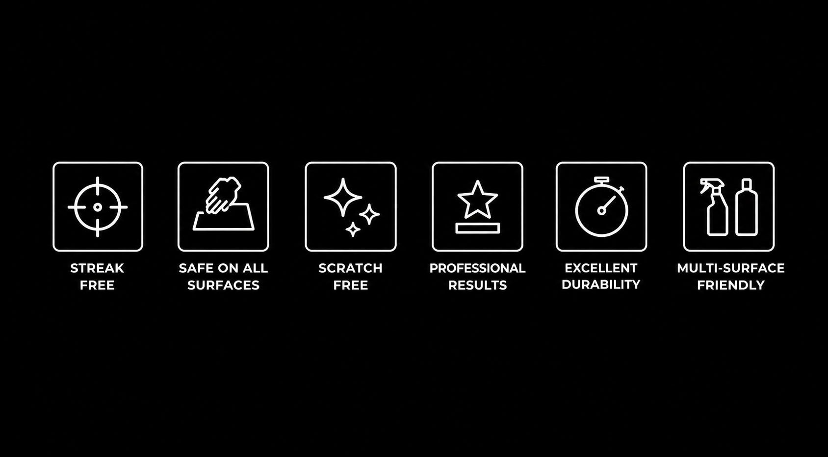 Icons with text describing cleaning product features: streak free, safe on all surfaces, scratch free, professional results, excellent durability, multi-surface friendly.
