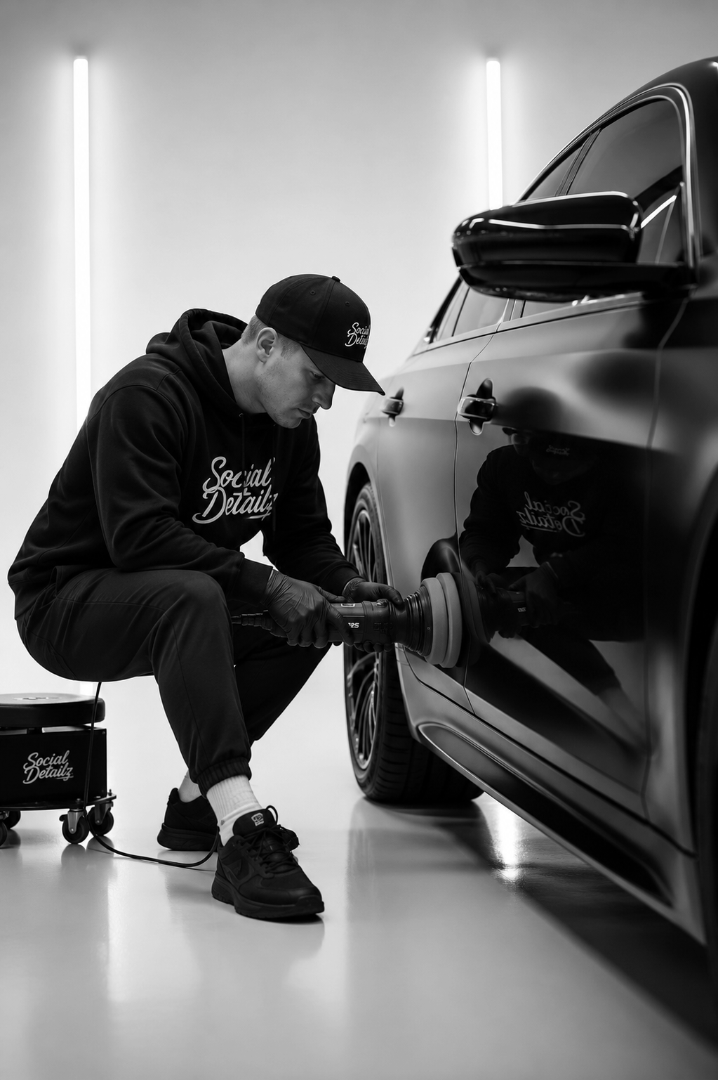 A man in a hoodie and cap polishing a car with a powered buffer in a minimalist, well-lit garage. The man is squatting, wearing gloves, and the car has a sleek, dark finish.