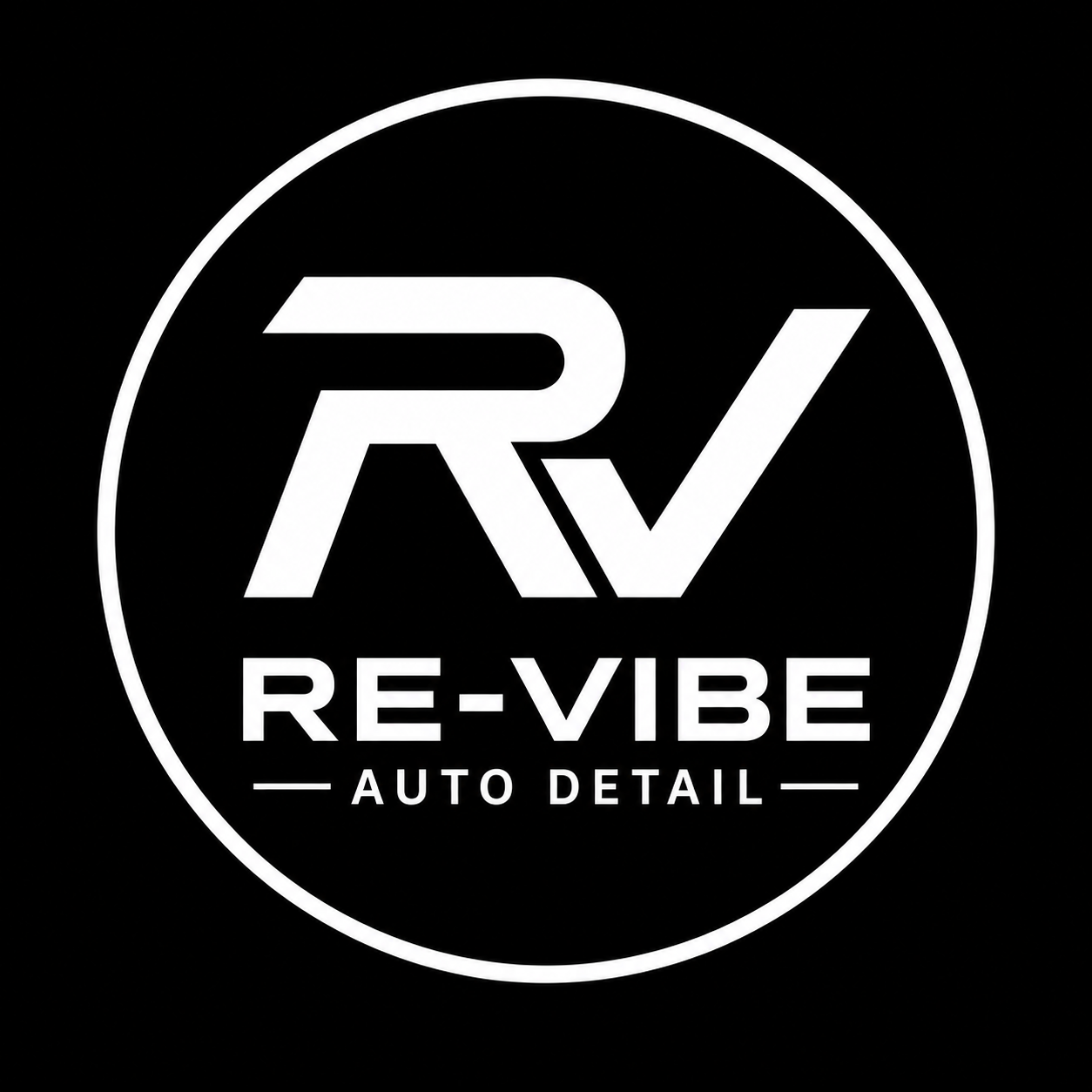 Black circular logo for Re-Vibe Auto Detail with a stylized 'RV' in the center and the words 'RE-VIBE' and 'AUTO DETAIL' beneath it.
