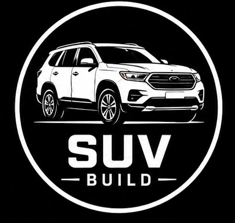 A black circular logo with a white outline featuring a white illustration of an SUV vehicle. Below the vehicle, the text 'SUV BUILD' is displayed, with 'SUV' in large bold letters and 'BUILD' in smaller letters beneath it.