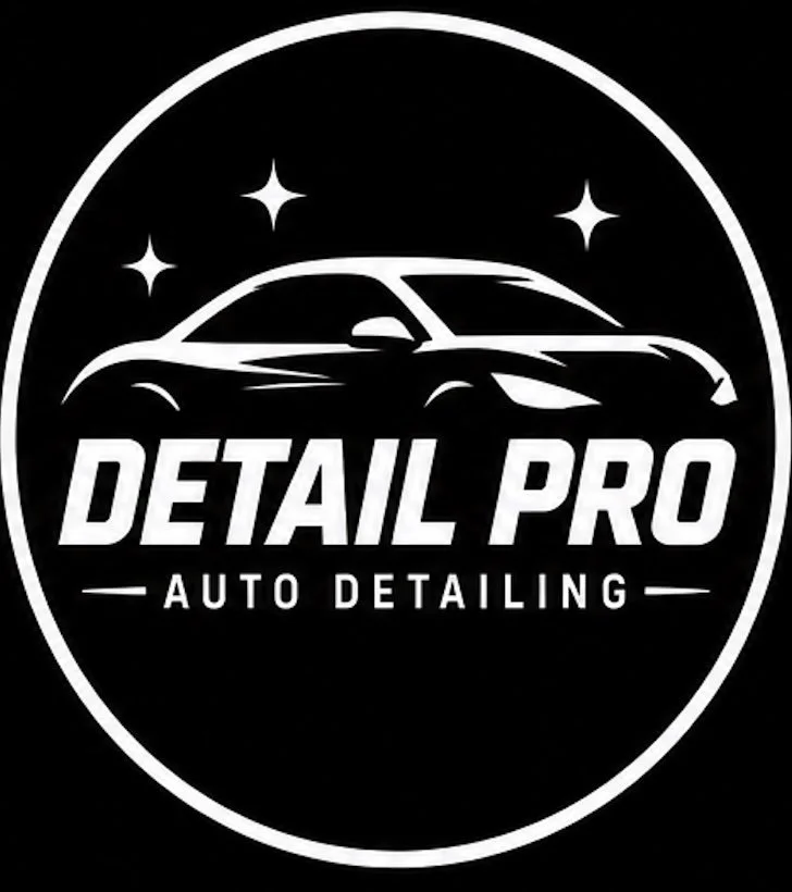 Black circular logo for 'Detail Pro Auto Detailing' featuring a sleek white car silhouette and three stars.