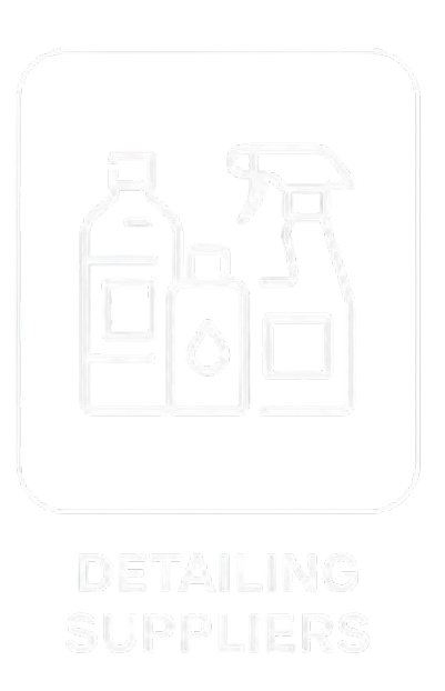 Icon of cleaning supplies including a spray bottle, a small bottle, and a larger bottle, with the text "DETAILING SUPPLIERS" below.
