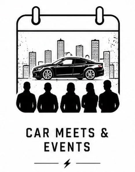 A calendar with a car and city skyline, silhouettes of five people, and the text 'Car Meets & Events' with a lightning bolt icon.
