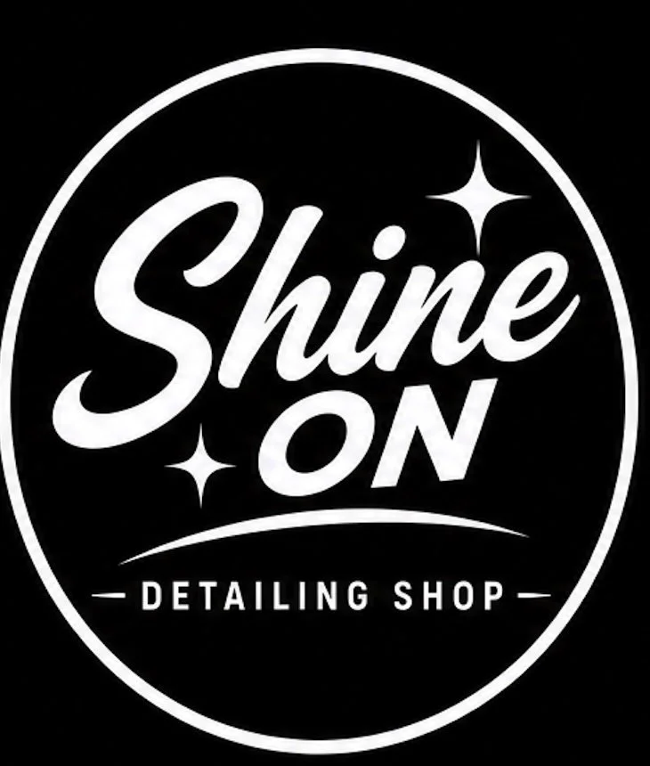 Logo for Shine On Detailing Shop in black and white with stars and a circular border.