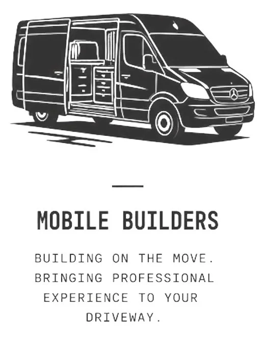 Illustration of a mobile building service van with an open side door revealing work tools inside, accompanied by text promoting mobile builders for driveway construction.