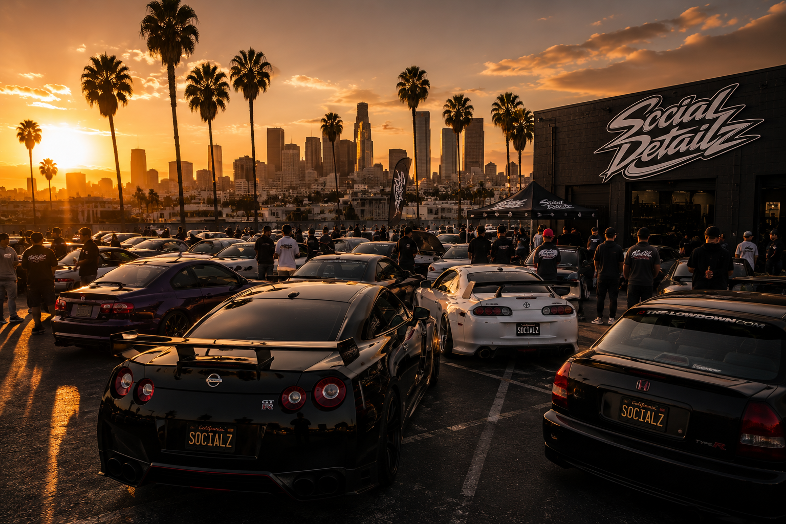 A car meet at sunset showing a parking lot filled with modified sports cars, many with license plates reading 'SOCIALZ,' in front of a building with a sign that reads 'Social Detail,' against a backdrop of a city skyline with palm trees and skyscrapers.