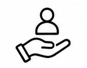 A black outline icon of a hand with a person's head and shoulders above it, representing support, care, or assistance.