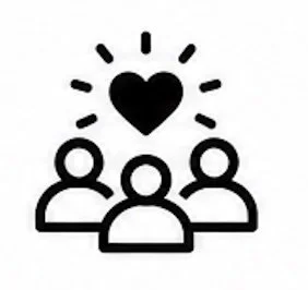Three outlined people with a heart and radiating lines above them, symbolizing love or connection.