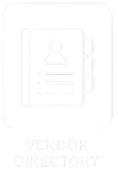 Icon of a contact book with the word 'VENDOR DIRECTORY' underneath.