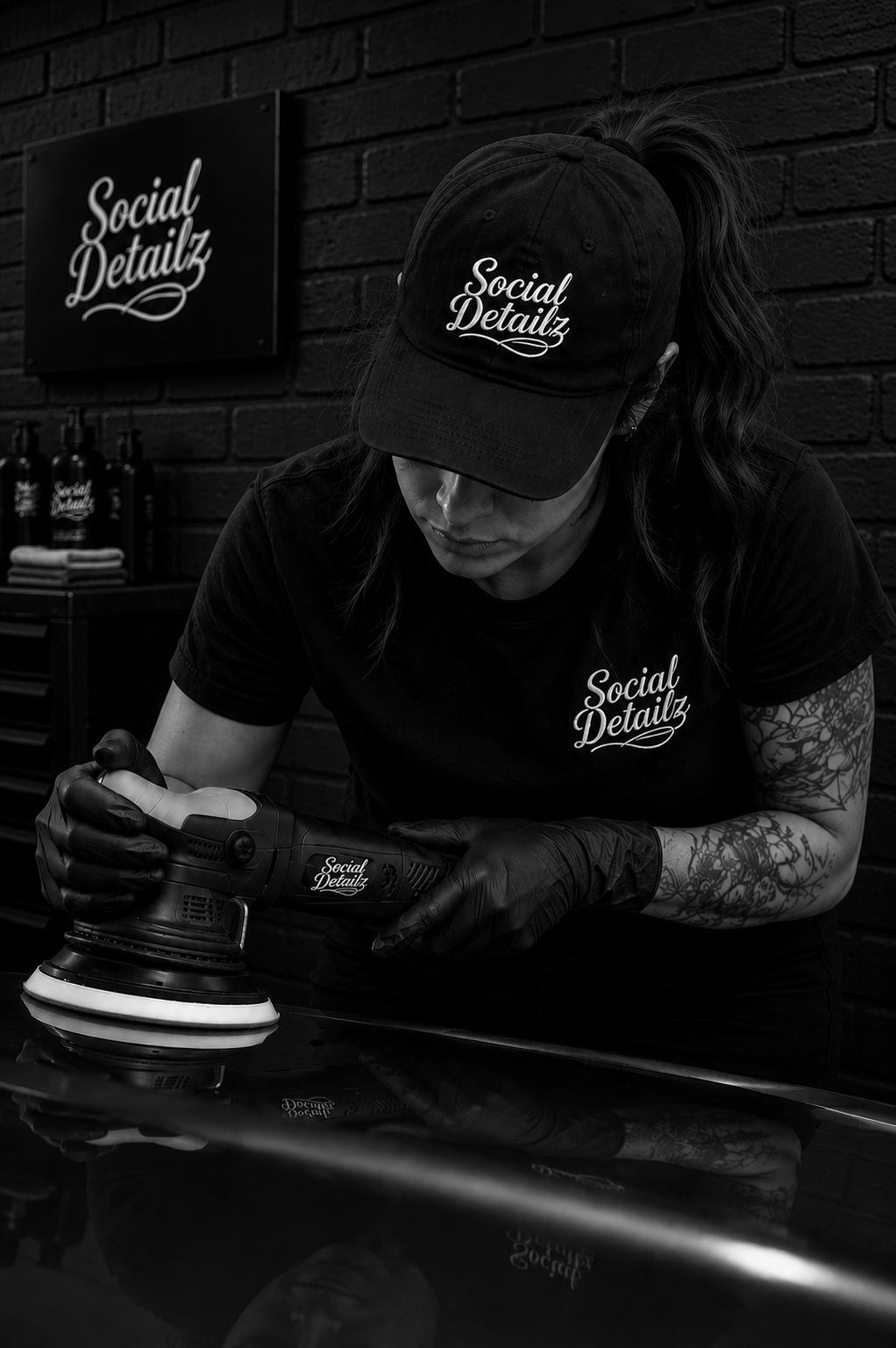 A woman wearing a cap, t-shirt, and gloves with the text 'Social Detailz' on them, polishing a car with a handheld polishing machine in a garage setting.