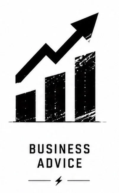 A black and white graphic of a rising bar chart with an upward arrow, labeled 'Business Advice.'