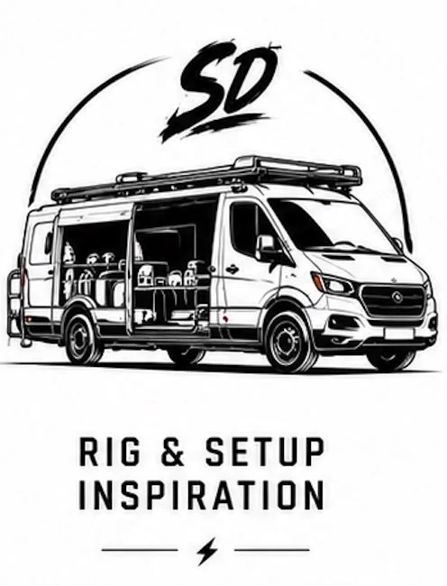 Black and white illustration of a utility van with equipment inside and on top, with the text 'SD', 'RIG & SETUP INSPIRATION' underneath.