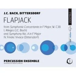 Concert band sheet music cover for Flapjack by J.C. Bach, performed by the Percussion Ensemble, featuring blue and black text and graphic circles.