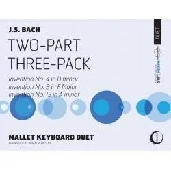Cover of a sheet music book for J.S. Bach's Two-Part Three-Pack for mallet keyboard duets, featuring a minimalist design with blue circles.