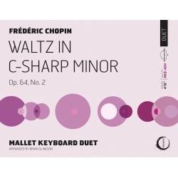 Album cover for Frédéric Chopin's 'Waltz in C-sharp minor,' featuring geometric purple and pink circles and text about the piece and performer.