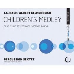 Album cover for Children's Medley by percussion sextet, featuring blue circular designs and text about the music collection.