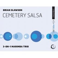 Album cover for Brian Slawson's Cemetery Salsa by 3-On-1 Marimba Trio, with abstract blue and light blue circular designs.