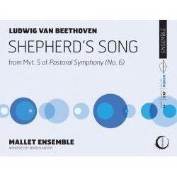 Album cover for Beethoven's Sheep's Song performed by the Mallet Ensemble, featuring a white background with blue and gray circles and black text.