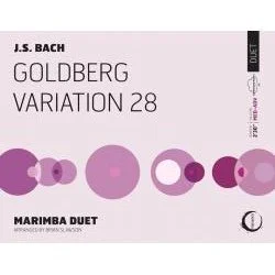 Cover of a music sheet titled 'Goldberg Variation 28' by J.S. Bach, published by Marimba Duet, featuring abstract purple and lilac circles.