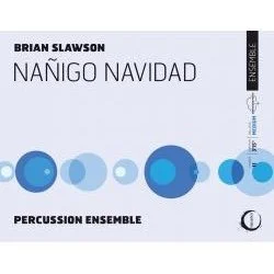 Book cover titled 'NaNIGO NAVIDAD' by Brian Slawson, featuring a design with various blue circles and a mostly white background.