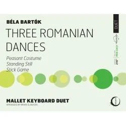 Book cover titled 'Three Romanian Dances' by Béla Bartók, featuring a white background with green and light green circles, and additional text about the compositions and performers.