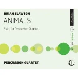 Album cover for Brian Slawson's 'Animals: Suite for Percussion Quartet' featuring a series of green circles decreasing in size.