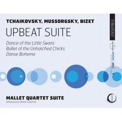Cover of a classical music album featuring Tchaikovsky, Mussorgsky, and Bizet, titled '+ UPBEAT SUITE,' with blue circular graphic design.