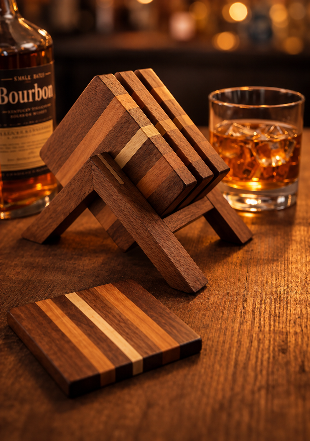 Handmade Coaster Set - Walnut, Cherry, & Maple with Holder