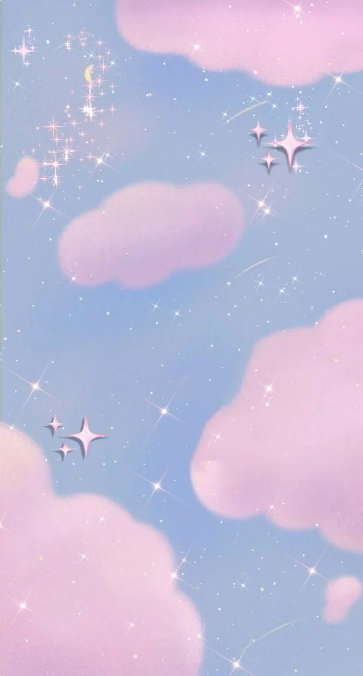 Pink and blue clouds in a starry sky with sparkles and shining stars.