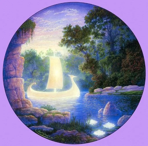 Painting of a serene natural scene featuring a small waterfall, a boat with a sail, trees, rocks, and flowers in a circular frame with a purple background.