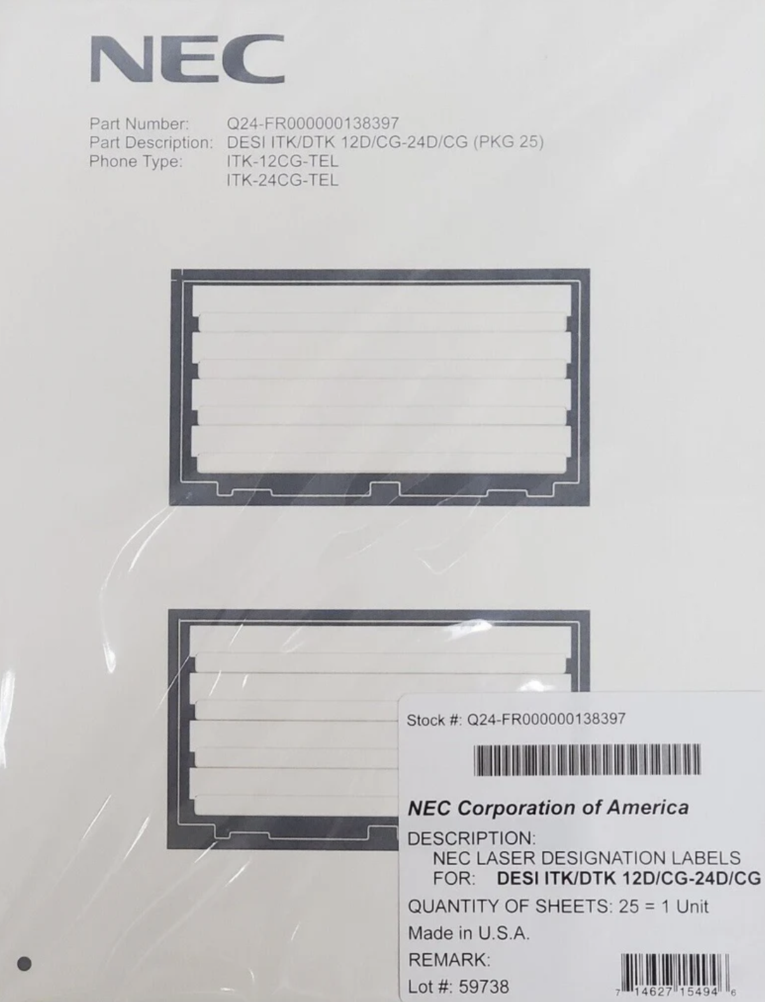 NEC ITK/DTK Replacement Desi Papers, 12 and 24 Button Models (25 Desi Papers) - New